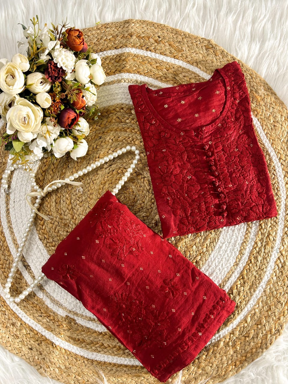 AAI Planet Chanderi Coord Set Red With Chikan Work
